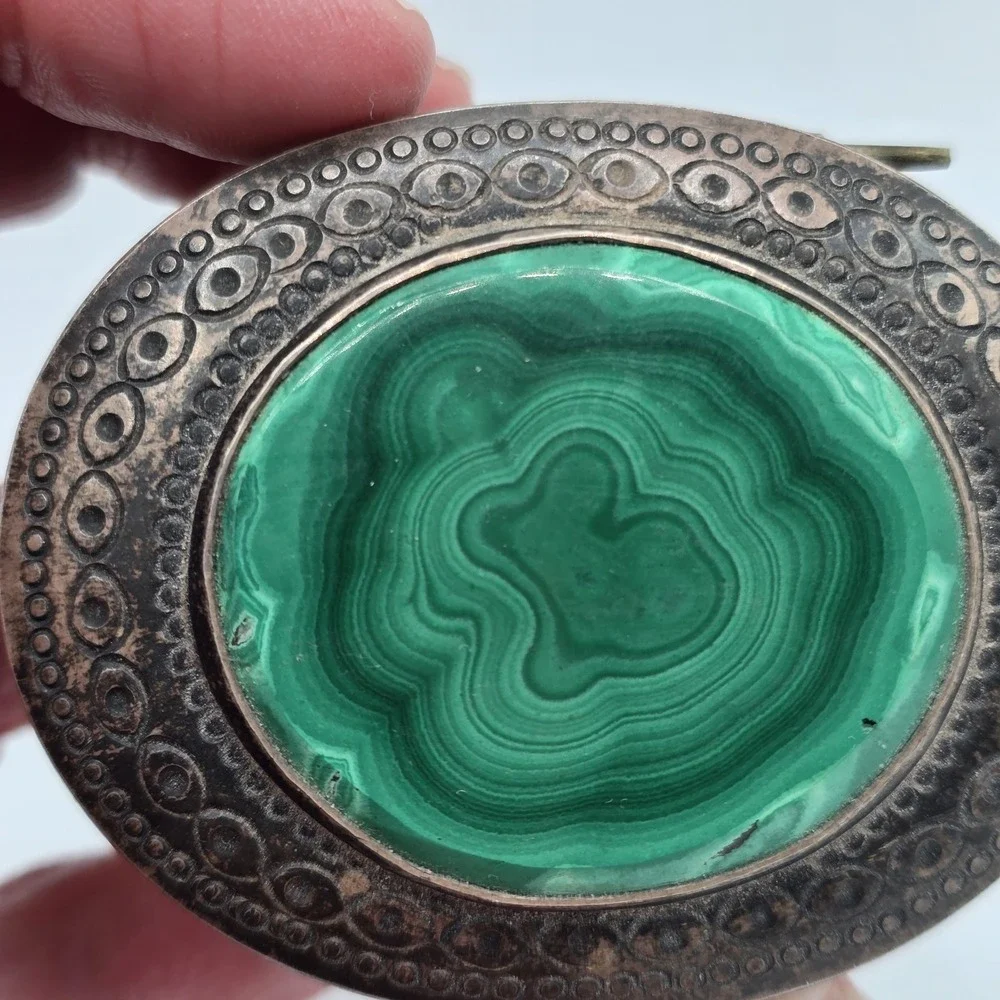 Vintage Antique Sterling Silver Malachite Stone Trinket Box‎